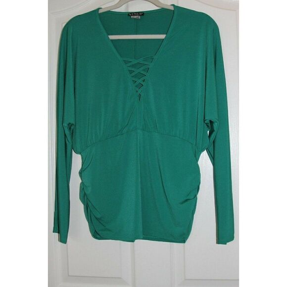 Venus Blouse Dolman Sleeves Lace Up Green Stretch Womens XL - Picture 1 of 5